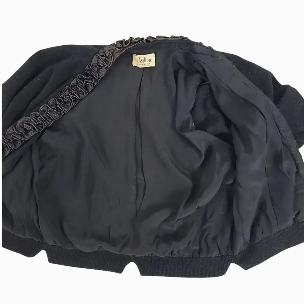 Dalton Cashmere Cardigan Vintage 50s Pinup Scroll Ruffle Trim Cinch Waist Black - Picture 11 of 16